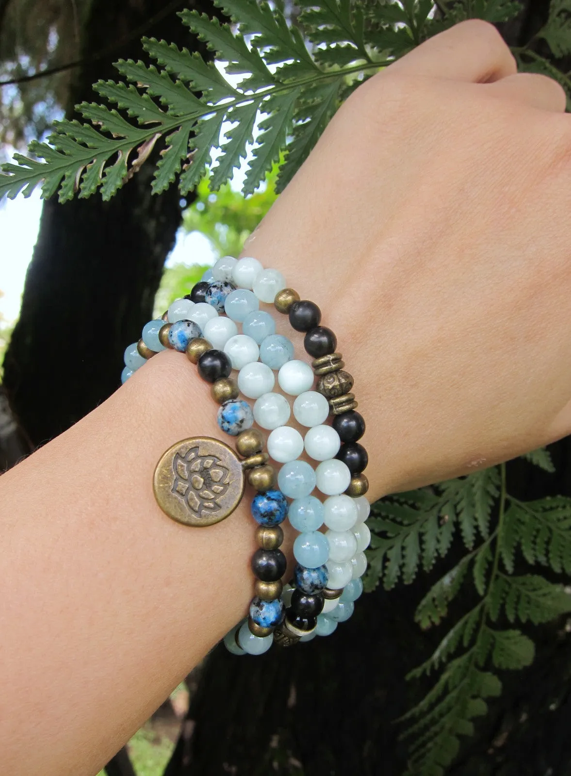 108 Beaded Mala in Shungite, Angelite, Blue Chalcedony, K2 with Lotus charm pendant Necklace