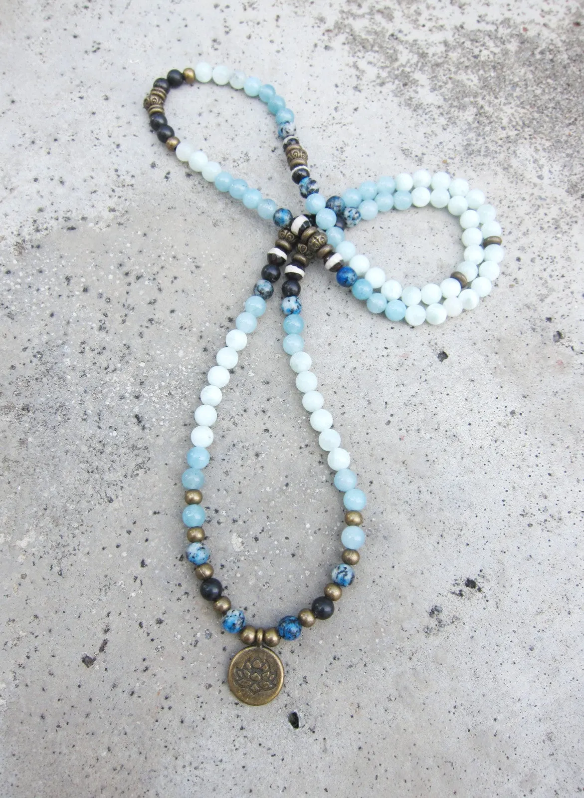 108 Beaded Mala in Shungite, Angelite, Blue Chalcedony, K2 with Lotus charm pendant Necklace