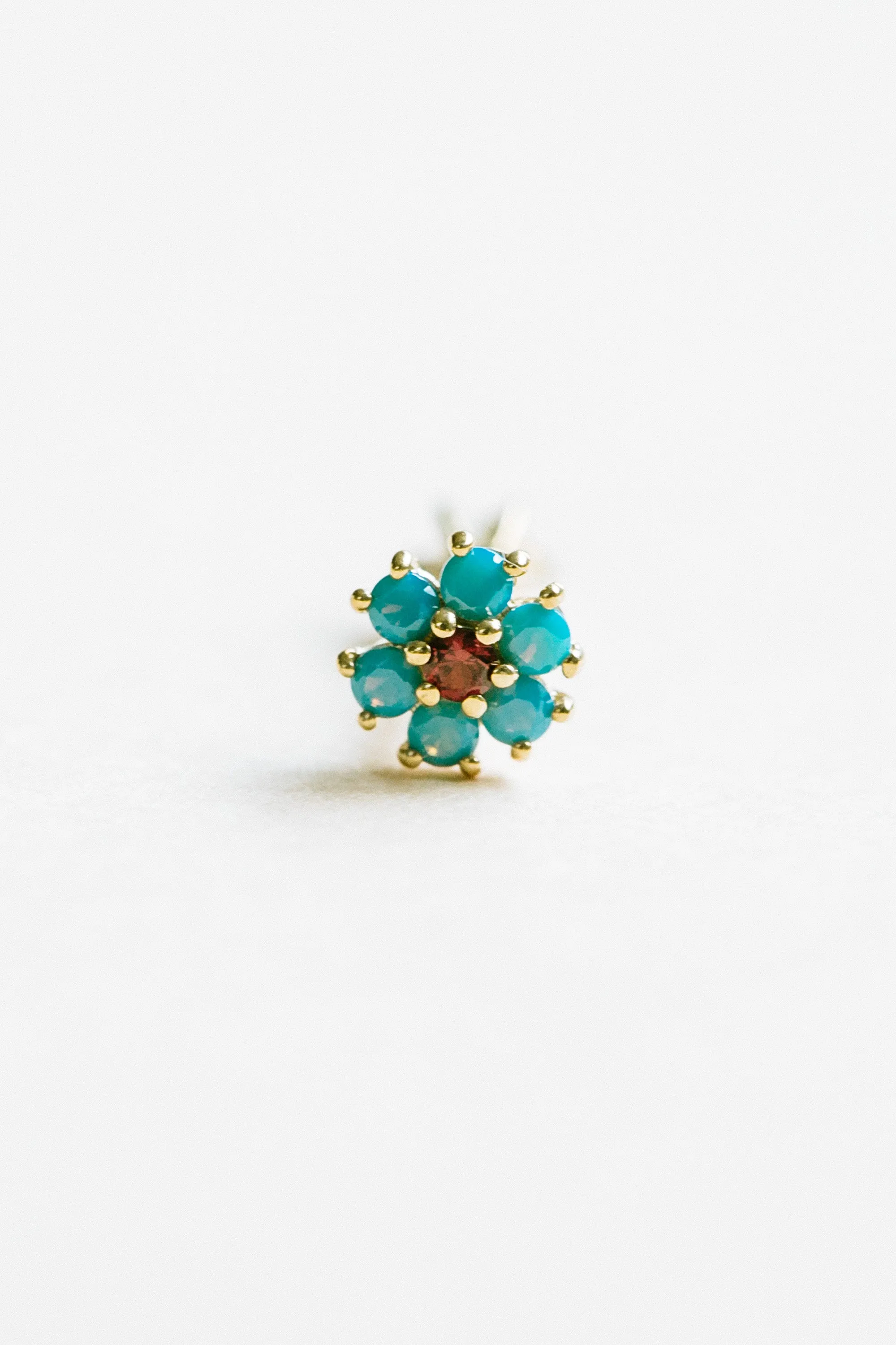 14K 18K Solid Gold Turquoise Ruby Cz Flower Ear Stud Cartilage Tragus Helix Barbell Piercing