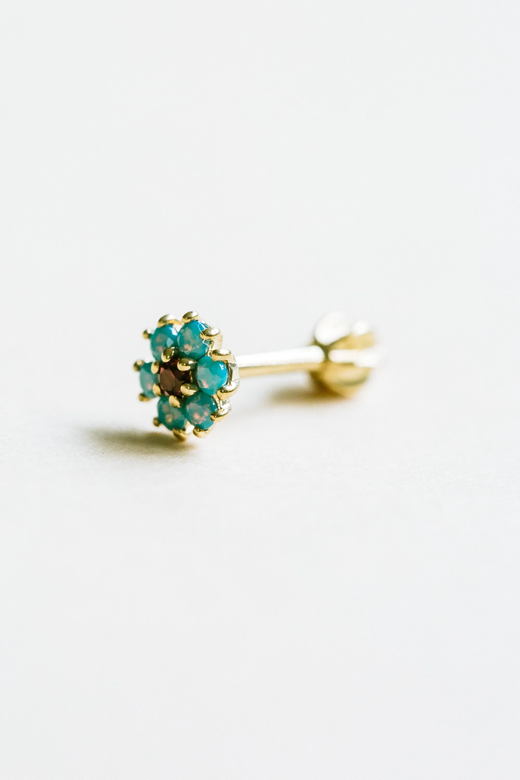 14K 18K Solid Gold Turquoise Ruby Cz Flower Ear Stud Cartilage Tragus Helix Barbell Piercing