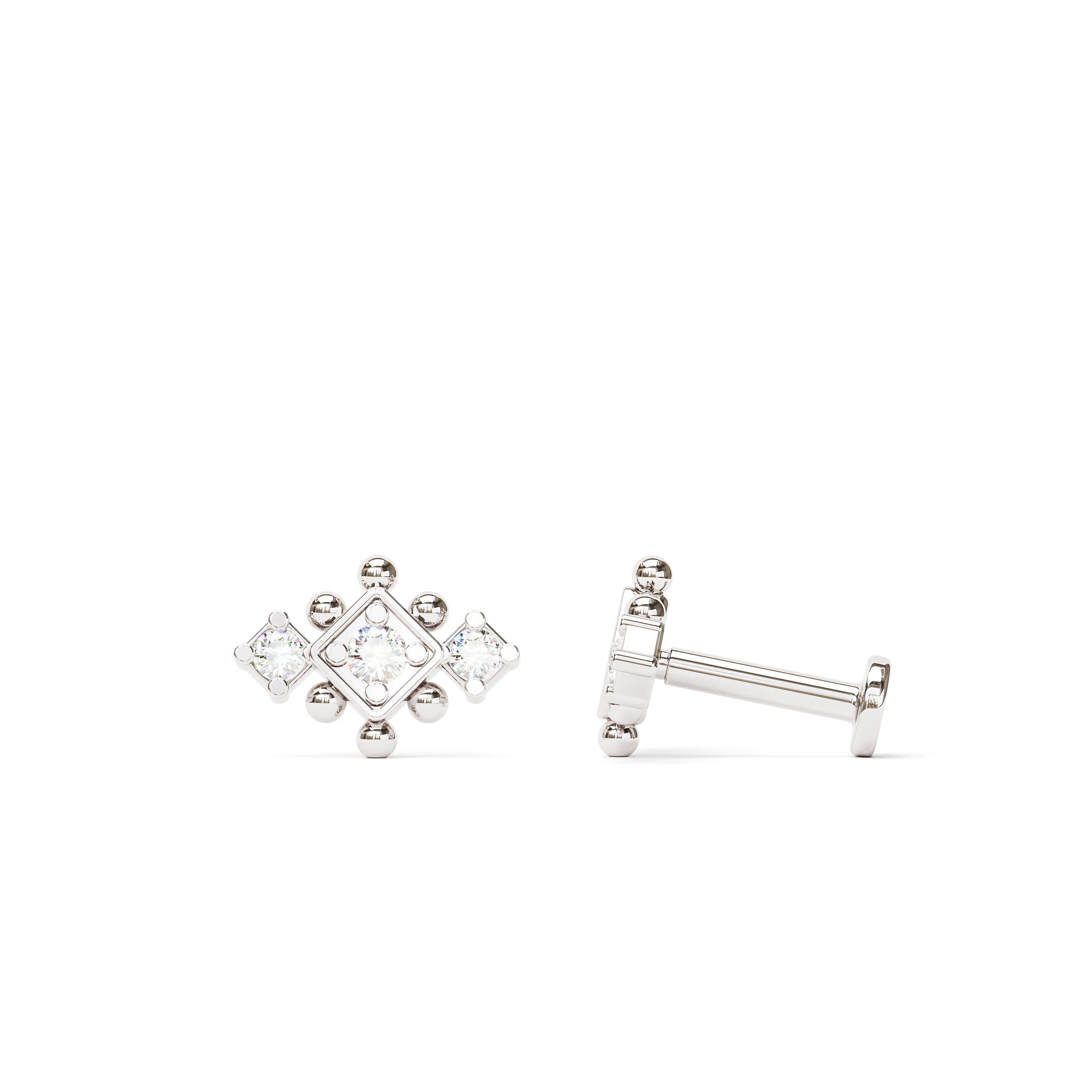 14K Gold Diamond Beaded Geometric Stud