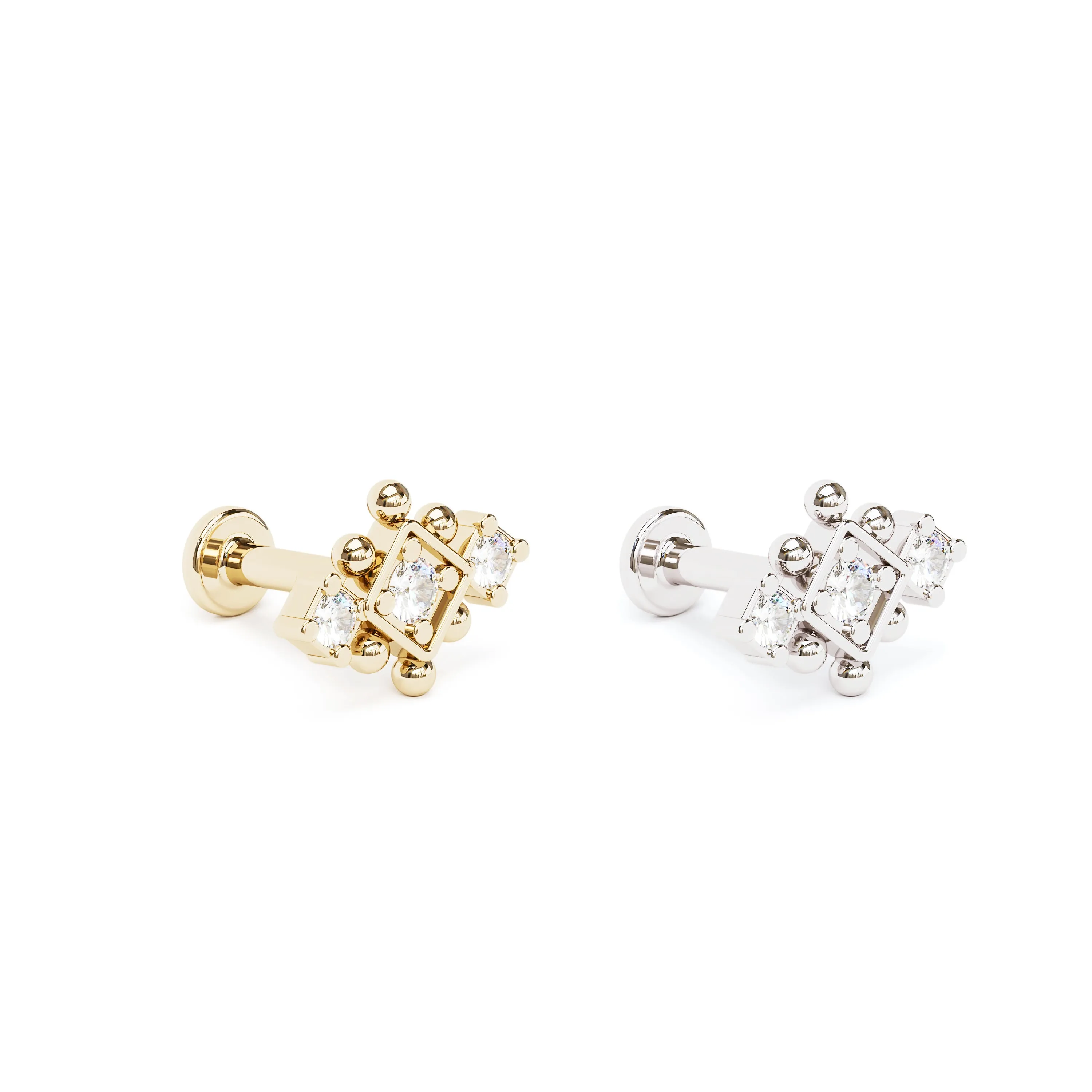 14K Gold Diamond Beaded Geometric Stud