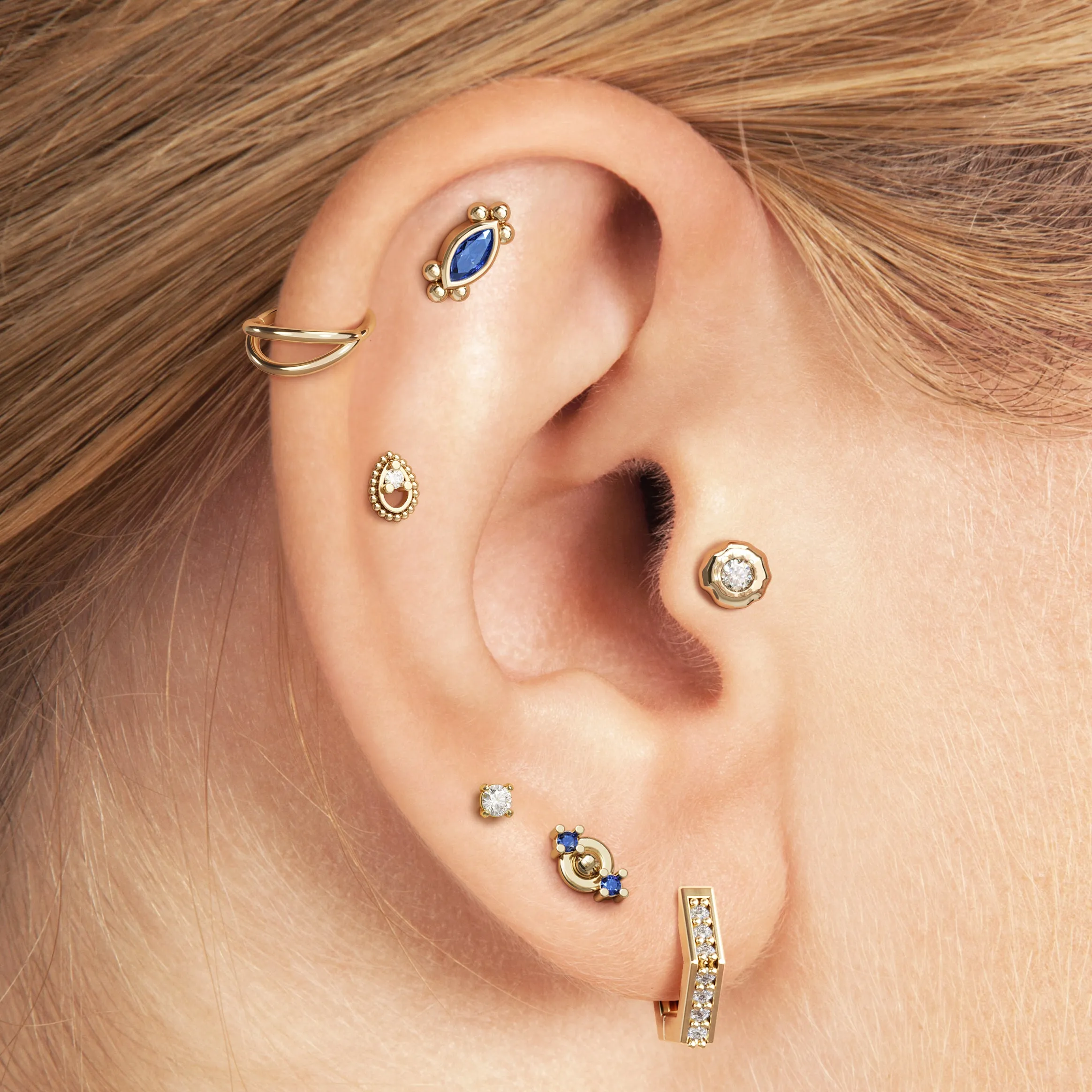 14K Gold Marquise Sapphire Beaded Stud