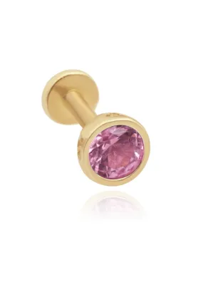 14K Gold Pink Tourmaline Bezel Tragus Helix Internally threaded Flat Back Labret Earring Stud