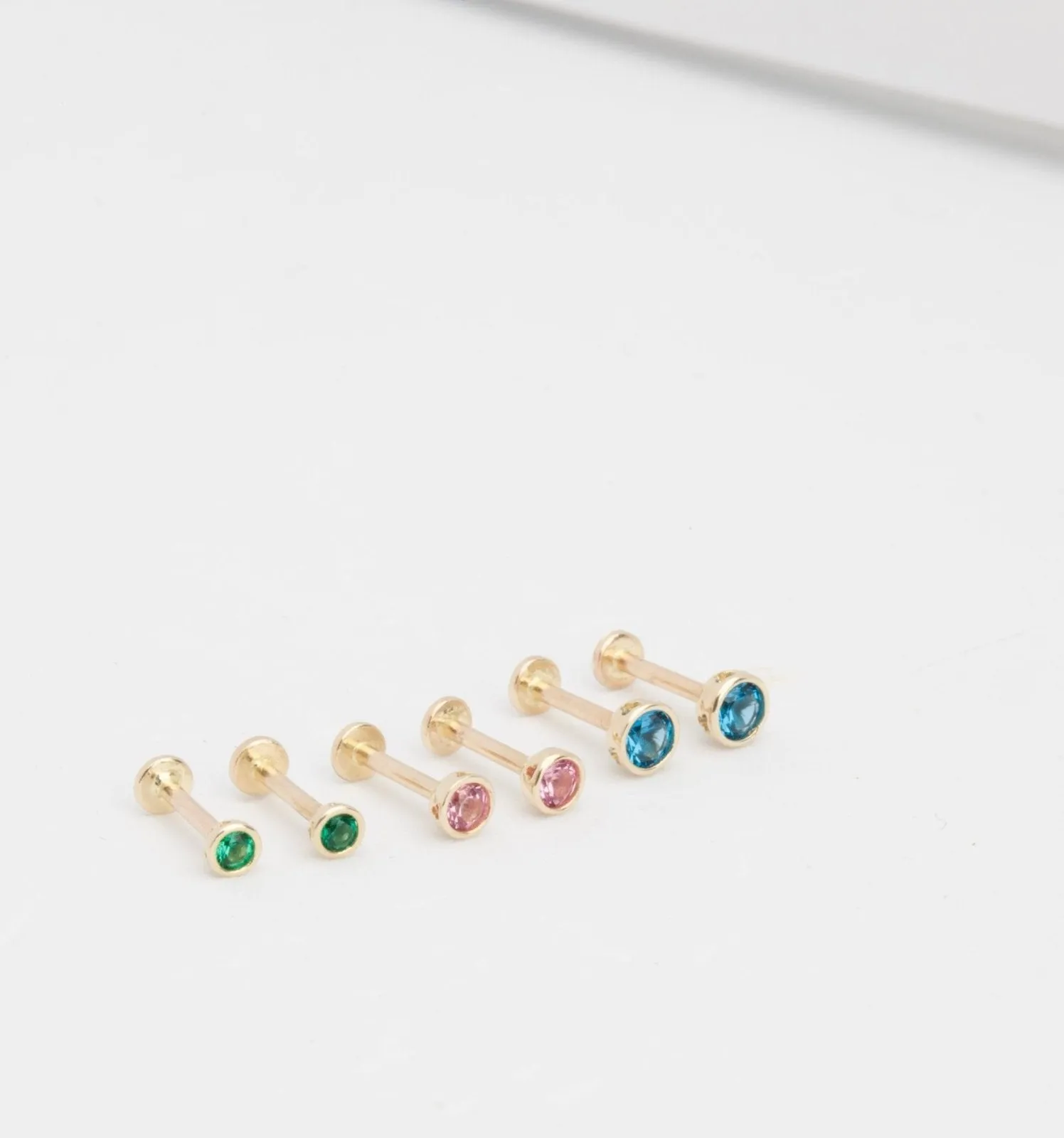 14K Gold Pink Tourmaline Bezel Tragus Helix Internally threaded Flat Back Labret Earring Stud