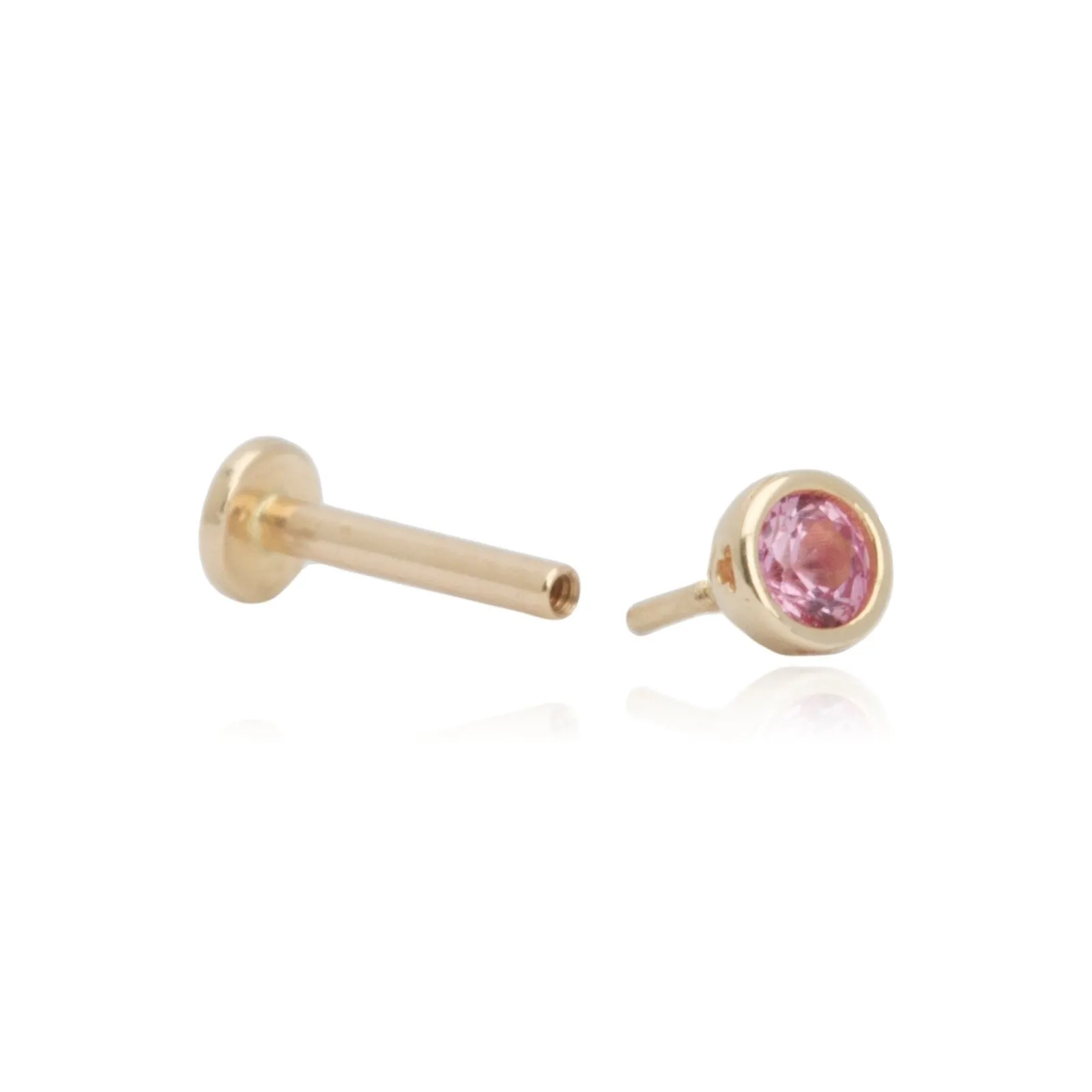 14K Gold Pink Tourmaline Bezel Tragus Helix Internally threaded Flat Back Labret Earring Stud