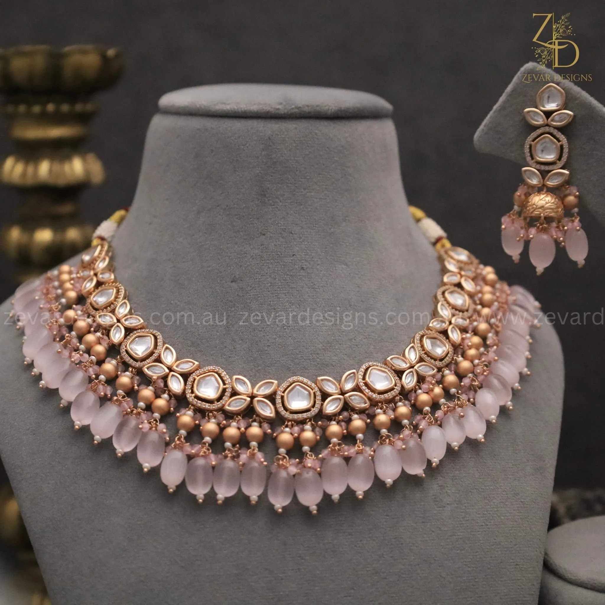 18K Gold Plated Kundan Polki Beaded Necklace Set with Pearls & Baby Pink Drops