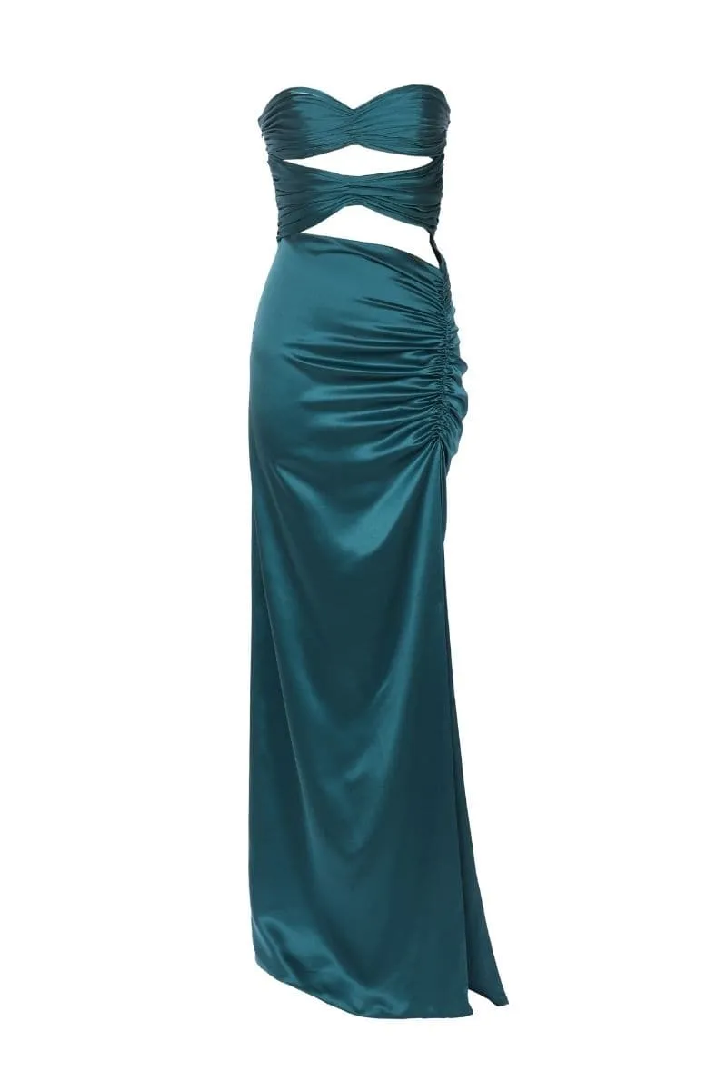 AEGEAN BLUE SIRENA CUT-OUT SILK MAXI DRESS