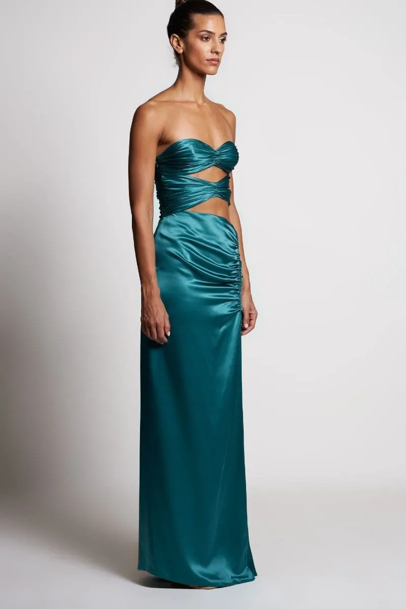 AEGEAN BLUE SIRENA CUT-OUT SILK MAXI DRESS