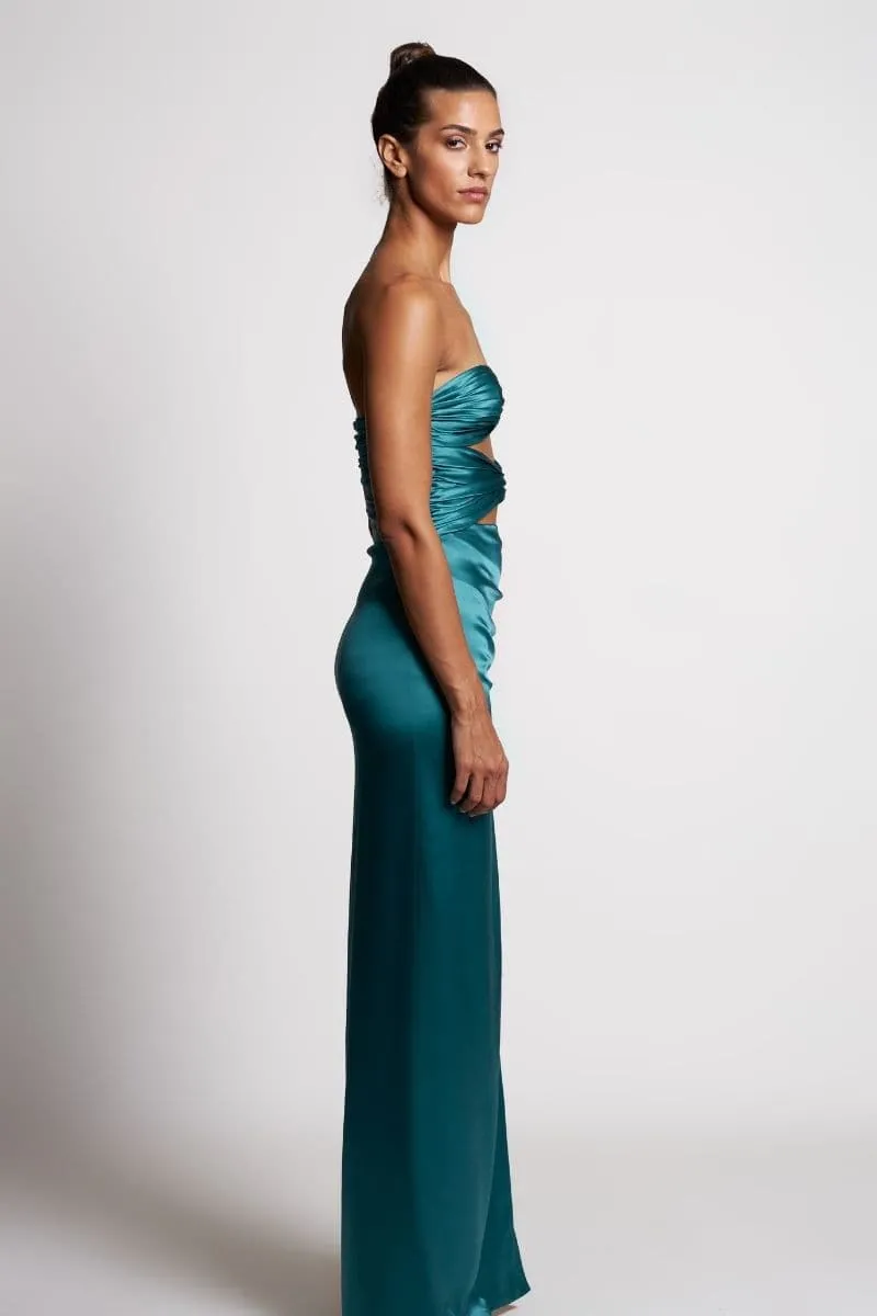 AEGEAN BLUE SIRENA CUT-OUT SILK MAXI DRESS