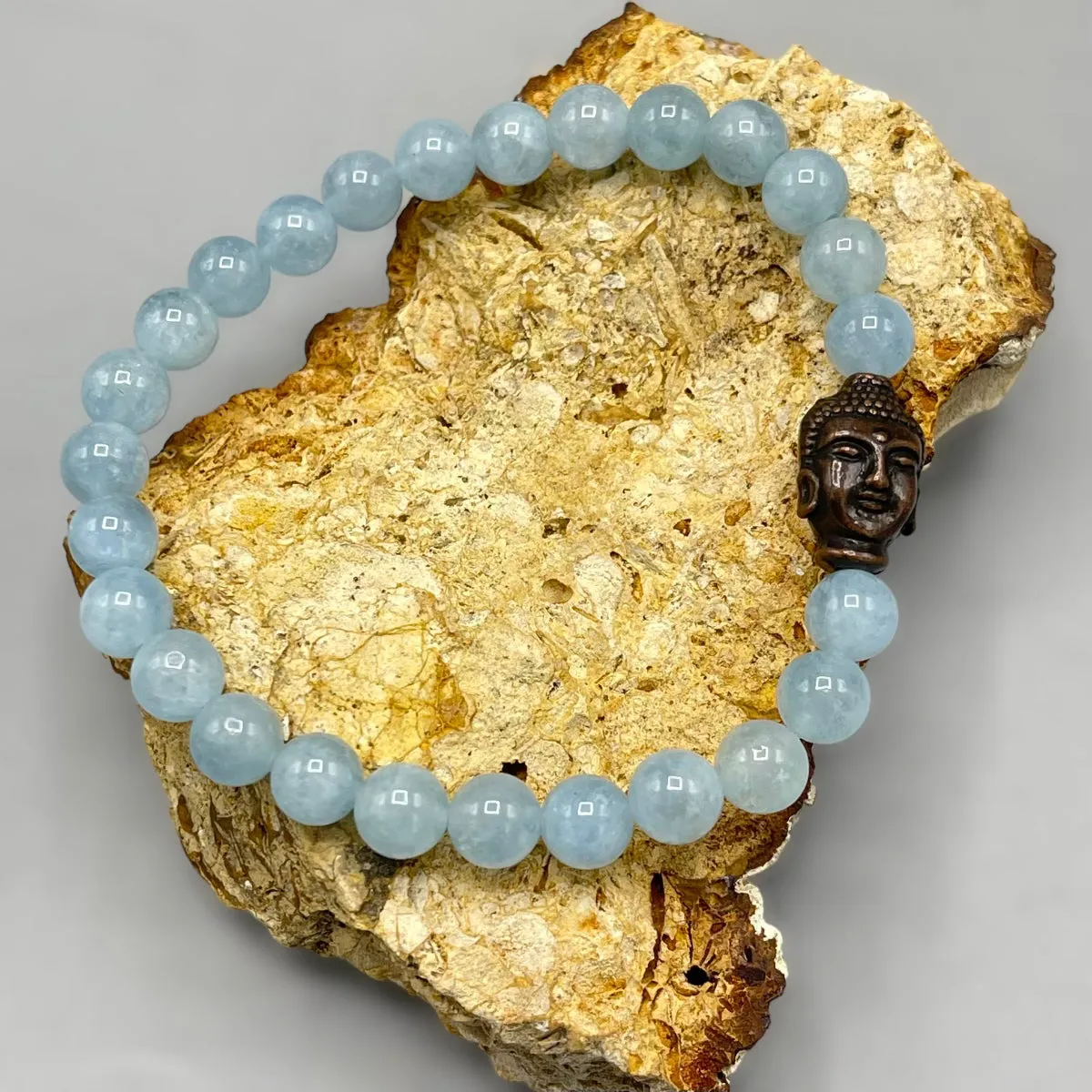 Aquamarine and Copper Buddha Stretch bracelet