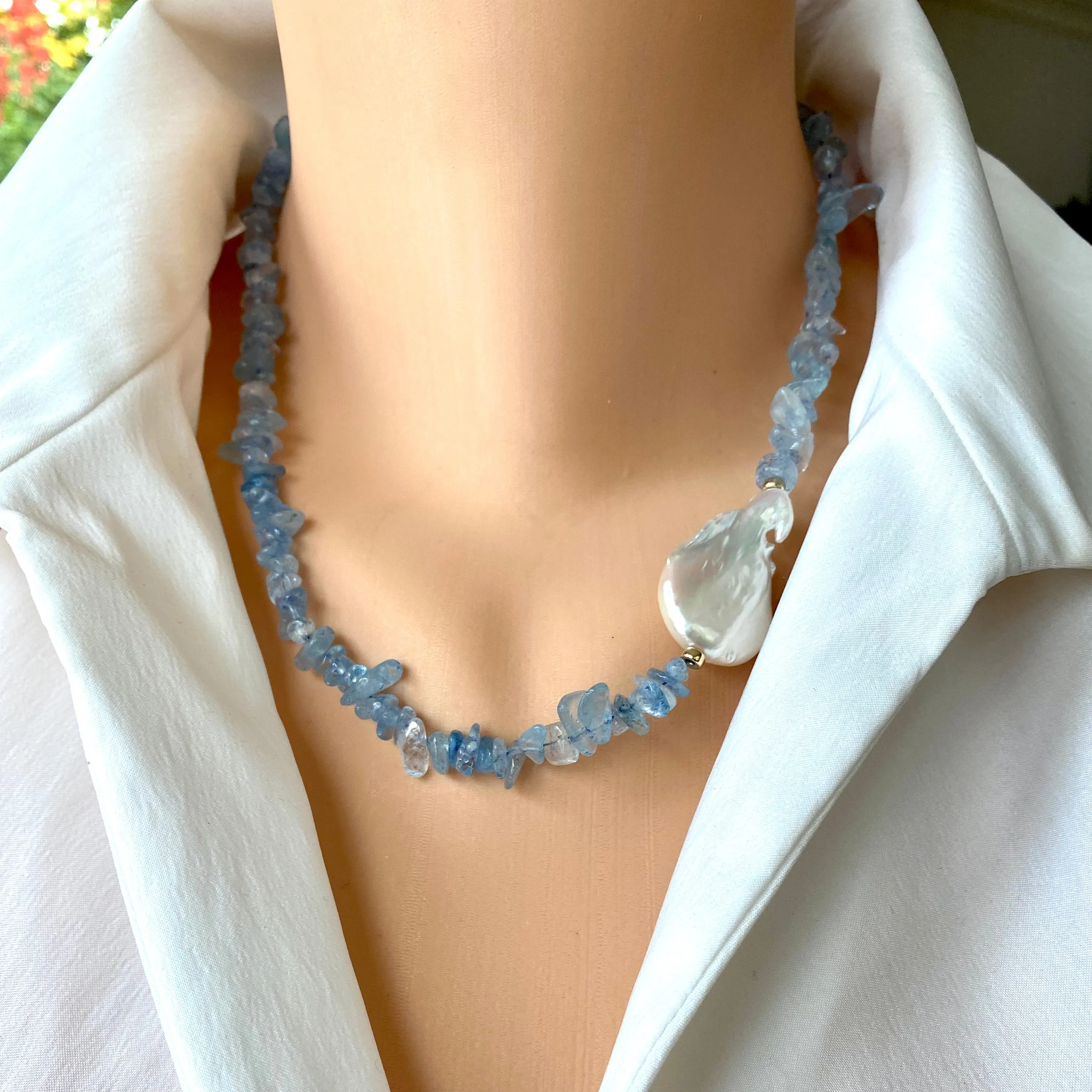 Aquamarine Nuggets and Flat Baroque Pearl Beaded Necklace w Gold Filled Details