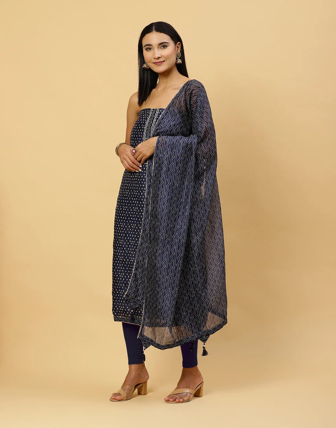 Bandhani Printed Chanderi Unstitched Suit Piece With Dupatta