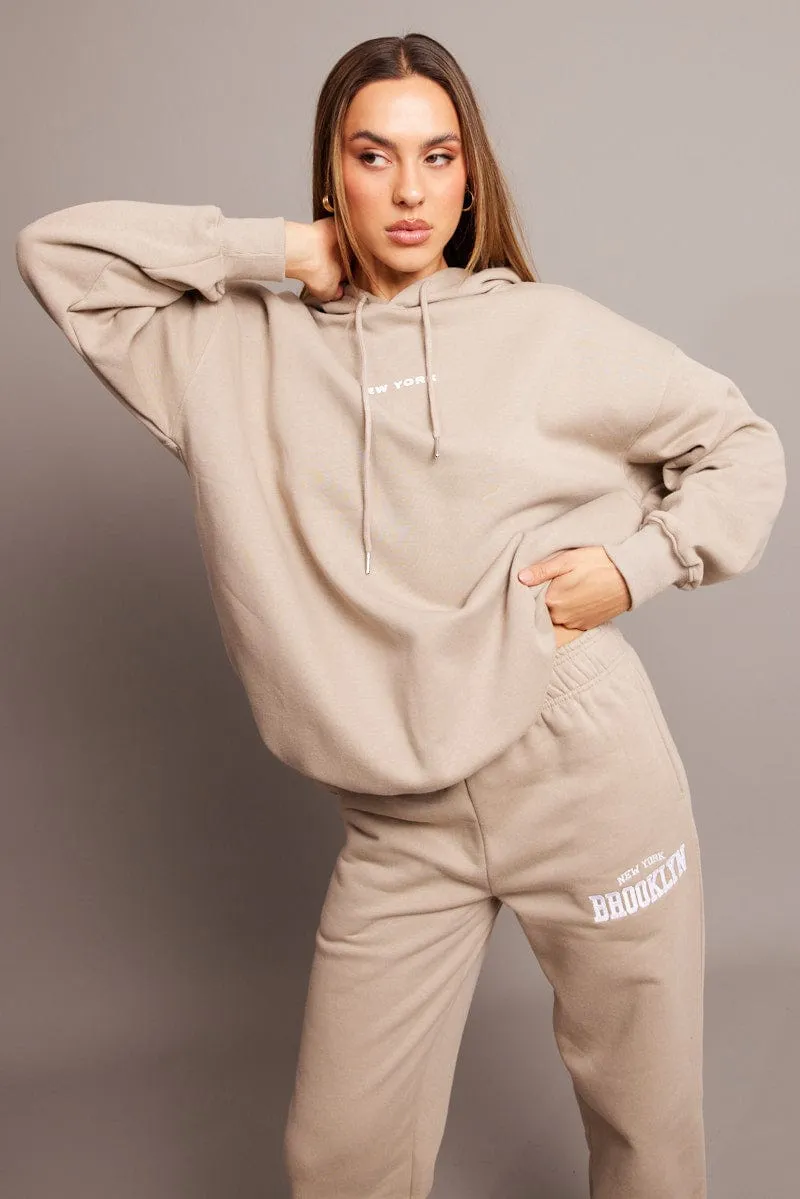 Beige Graphic Hoodie Long Sleeve