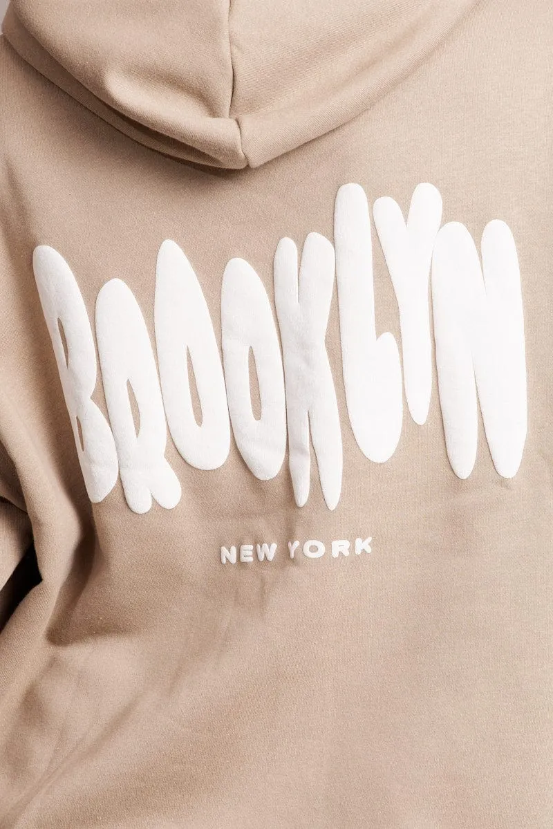 Beige Graphic Hoodie Long Sleeve