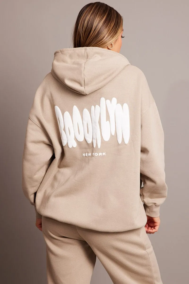 Beige Graphic Hoodie Long Sleeve