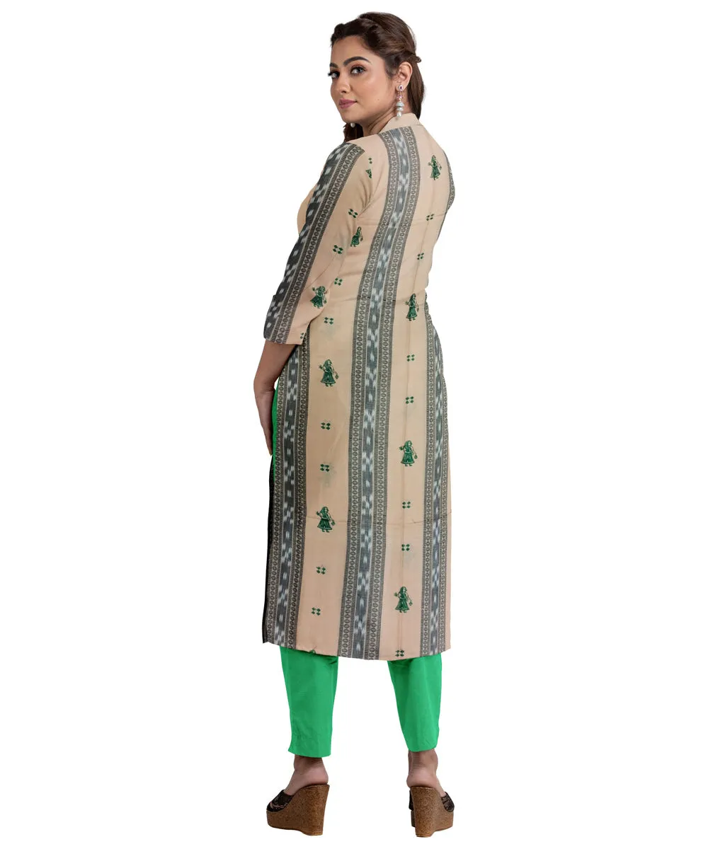 Beige green handwoven cotton nuapatna dress material