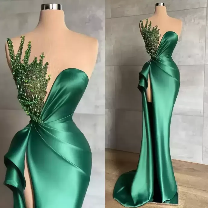 Biztunnel Green Long Mermaid Sweetheart Satin Beads Prom Dress with Slit