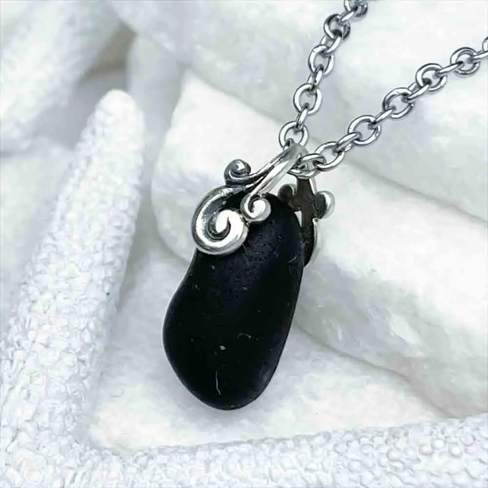 Black Bubble Sea Glass Pendant | #5195