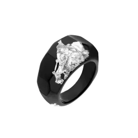 Black Lucite Ring with Silver Leaf