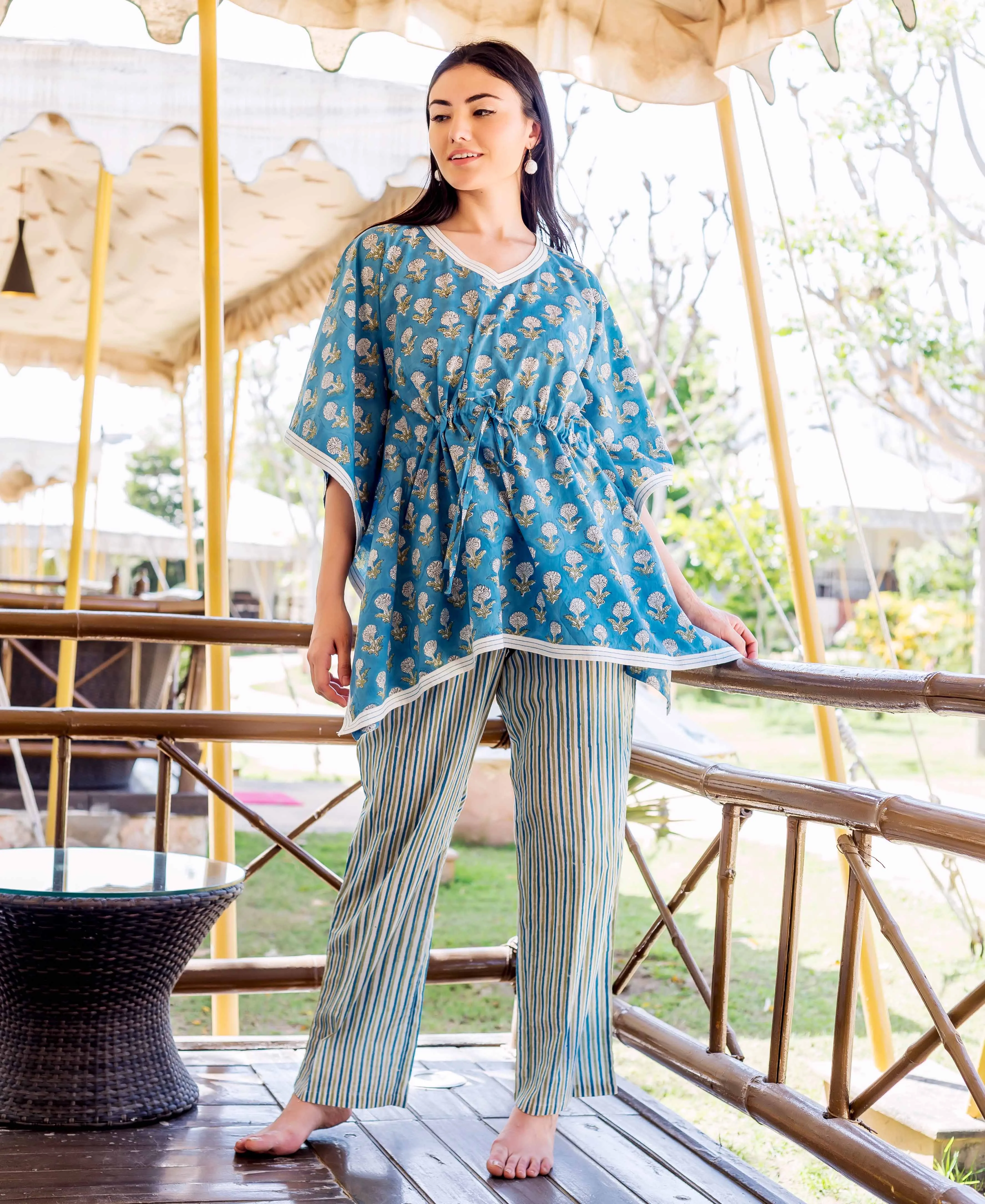 Blue Kaftan Style Top With Printed Trouser