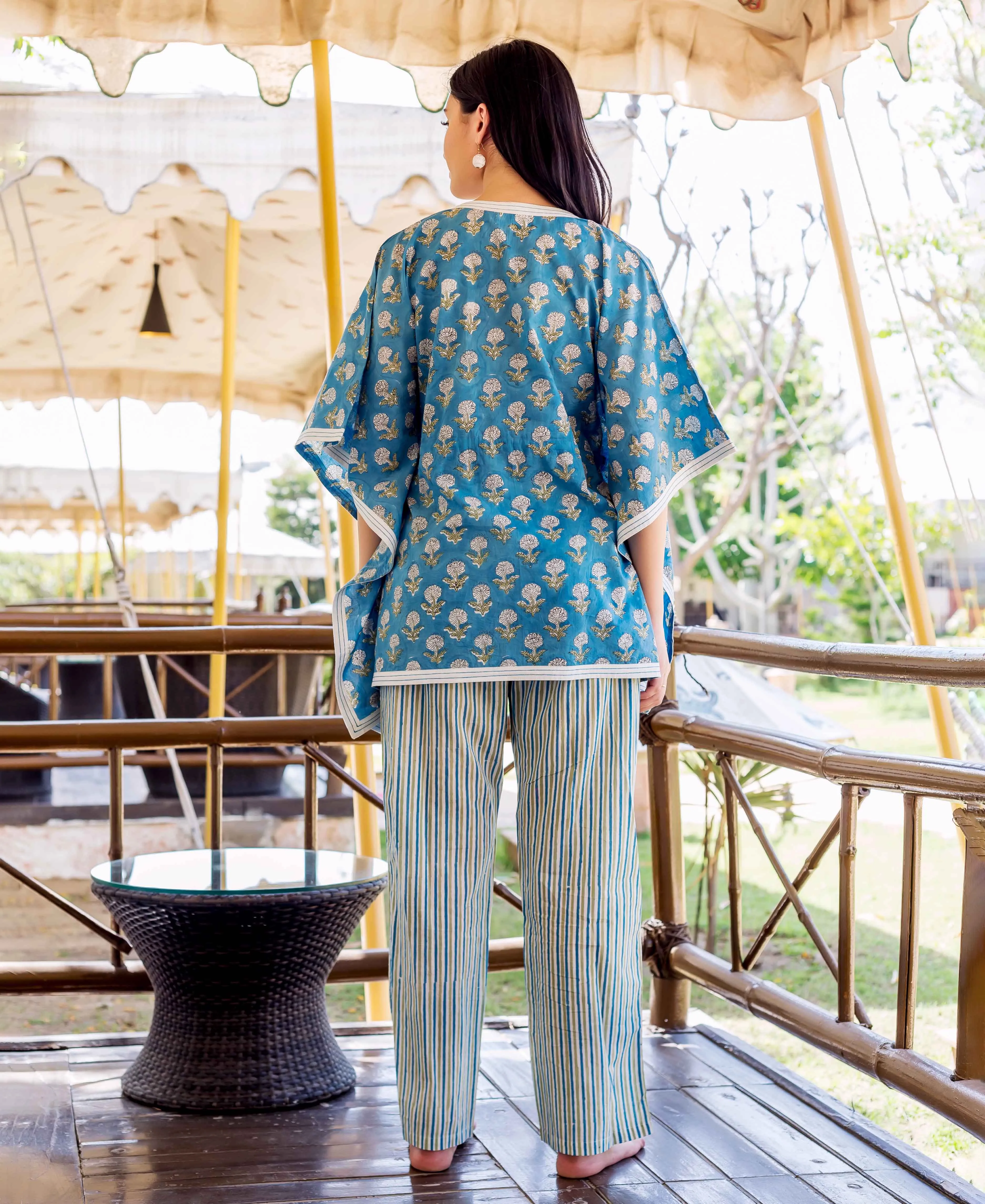 Blue Kaftan Style Top With Printed Trouser