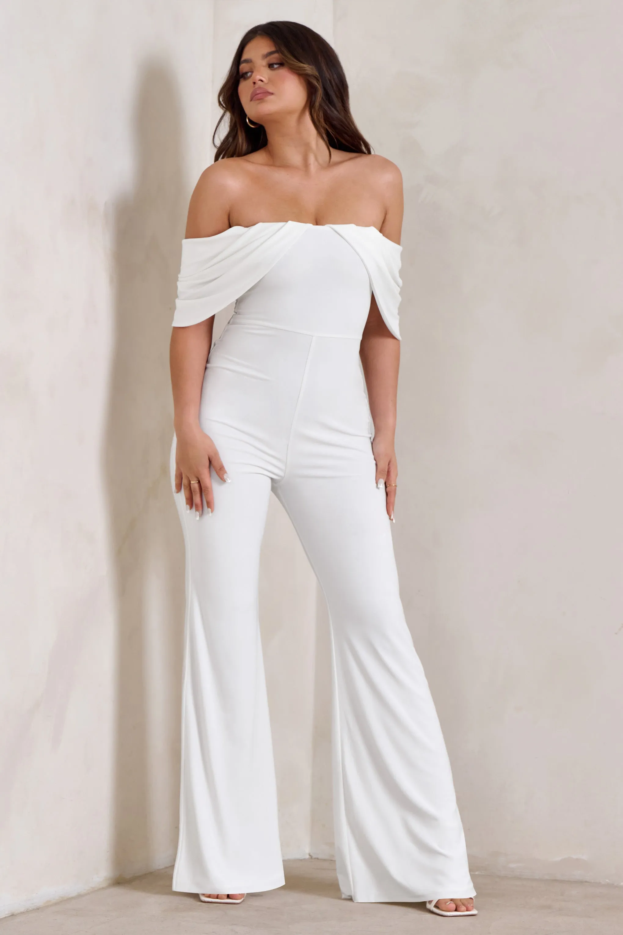 Bonnie | White Bardot Drape Sleeve Jumpsuit