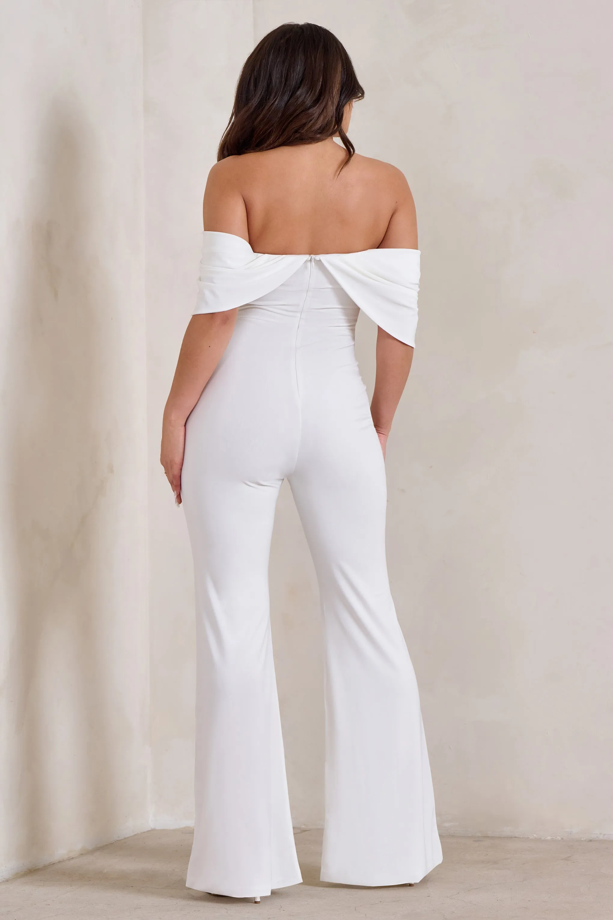 Bonnie | White Bardot Drape Sleeve Jumpsuit