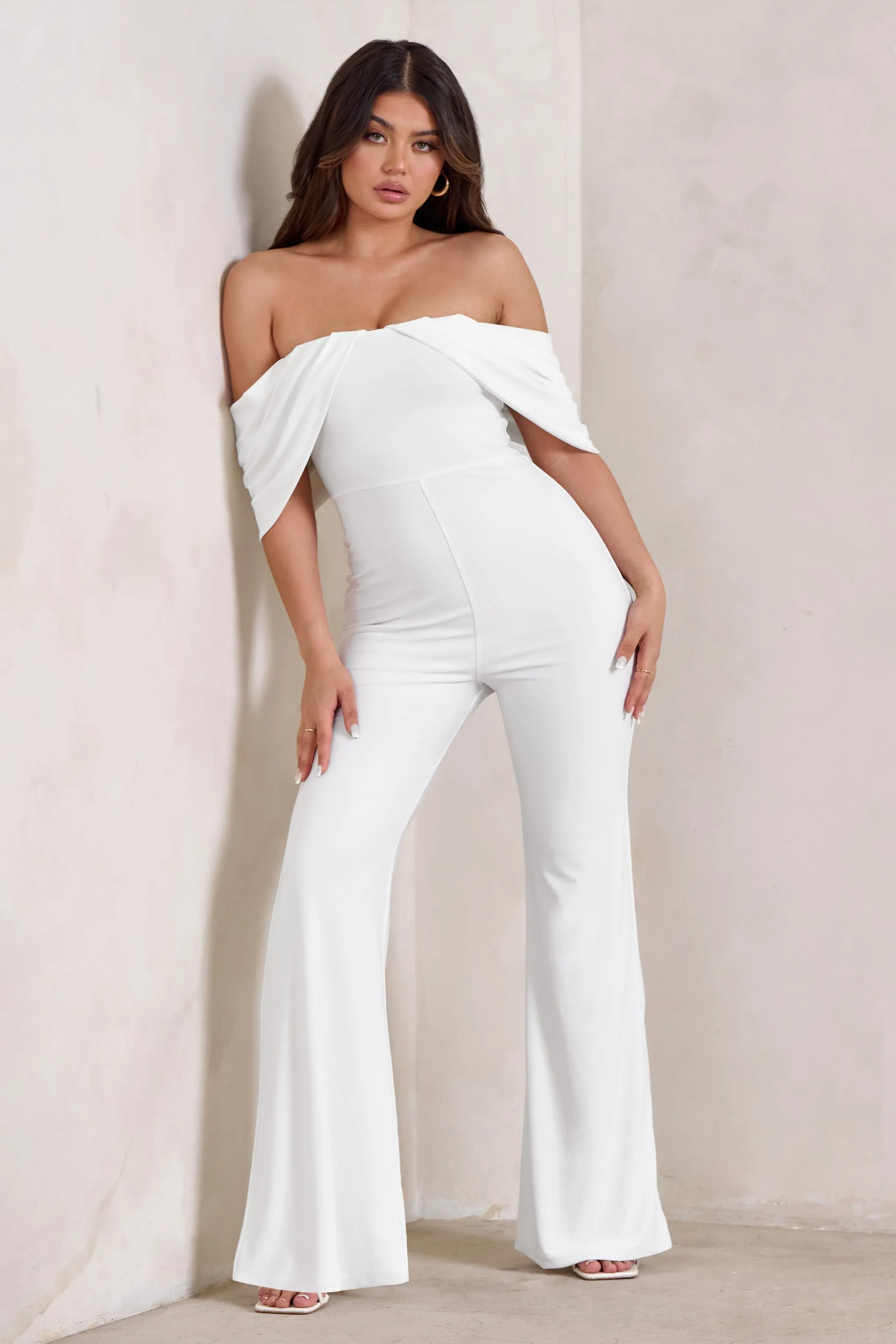 Bonnie | White Bardot Drape Sleeve Jumpsuit