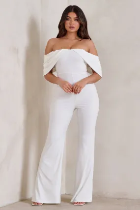 Bonnie | White Bardot Drape Sleeve Jumpsuit