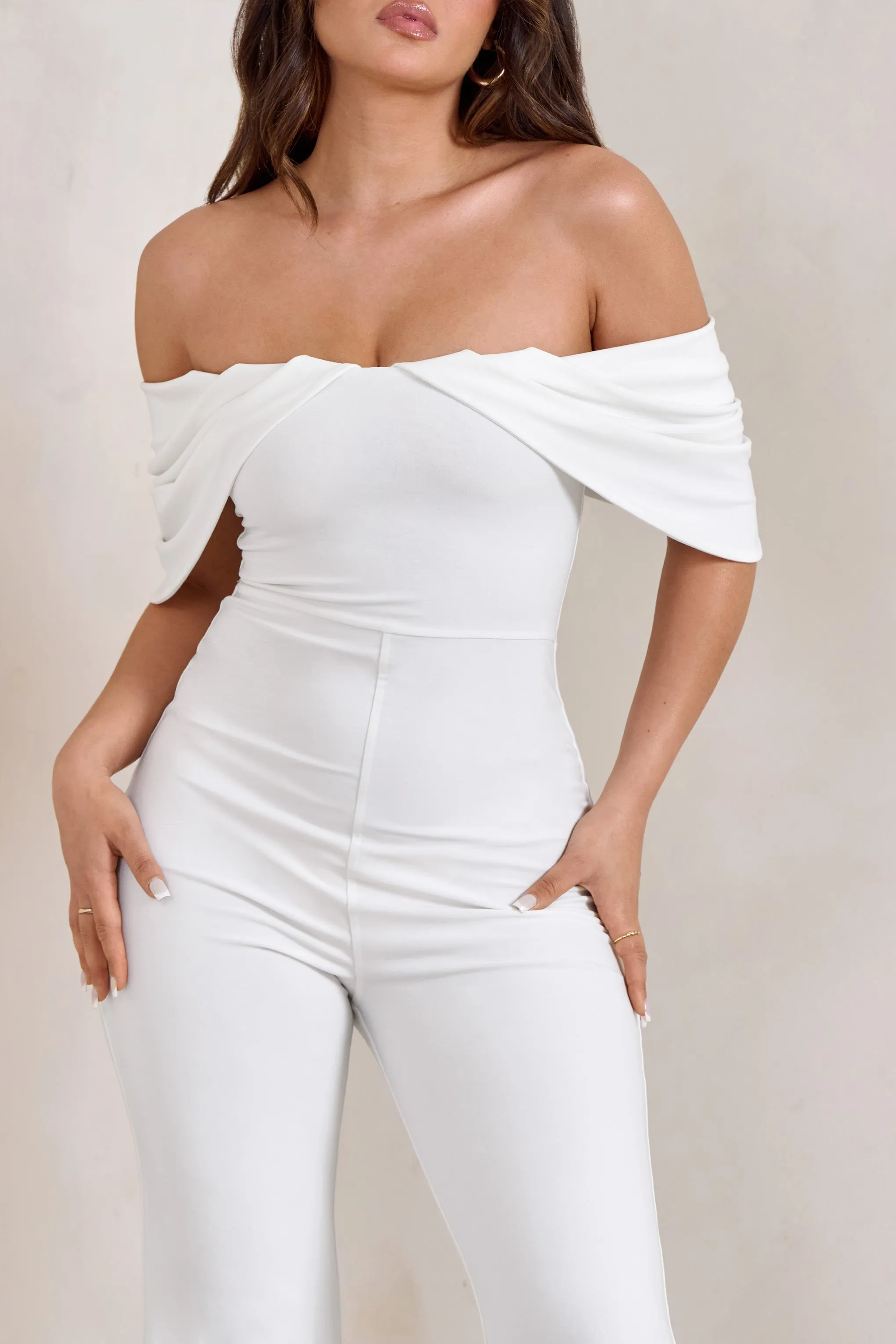 Bonnie | White Bardot Drape Sleeve Jumpsuit