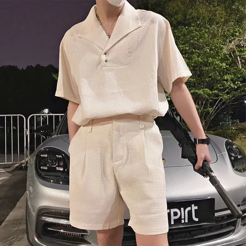 BONSIR  -  Large Lapel Concave And Convex Lattice Pattern Men Sport Suit Summer 2 Piece Set Short Sleeve Polo Short Casual Men Set Clothing