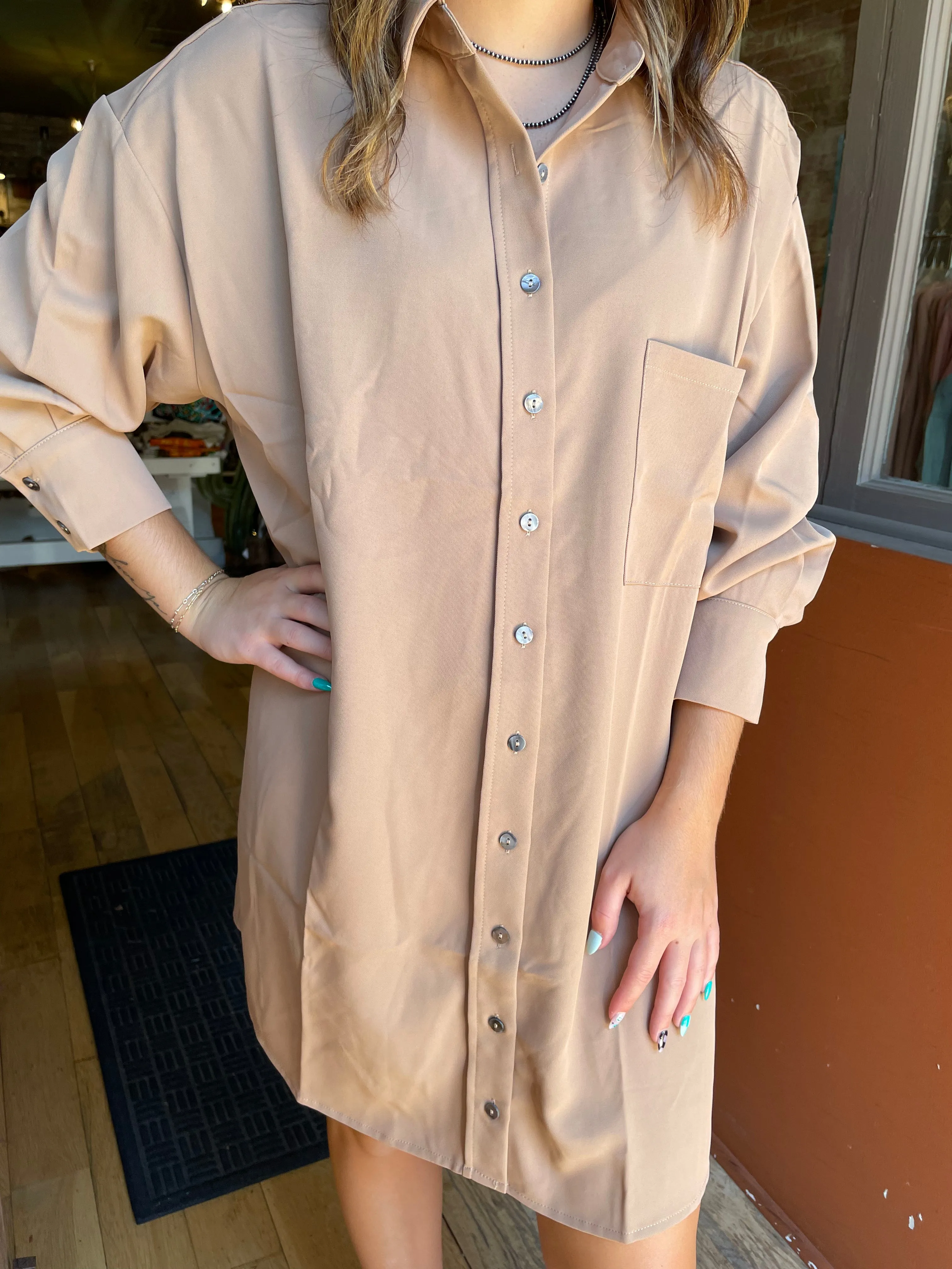 Camel Long Sleeve Button Up Top/Short Dress D21224