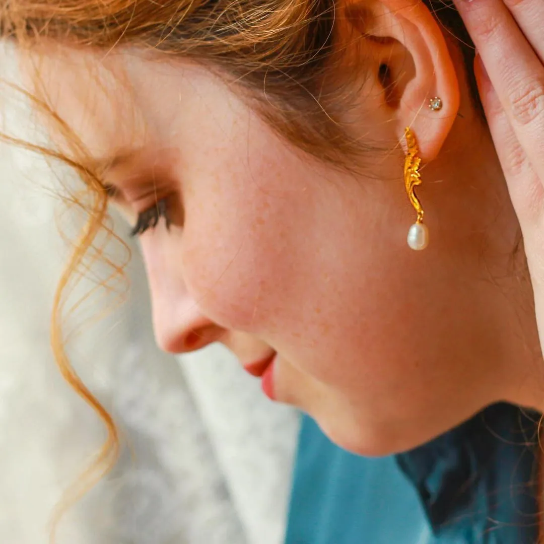 Carved Acanthus Leaf Pearl Earrings