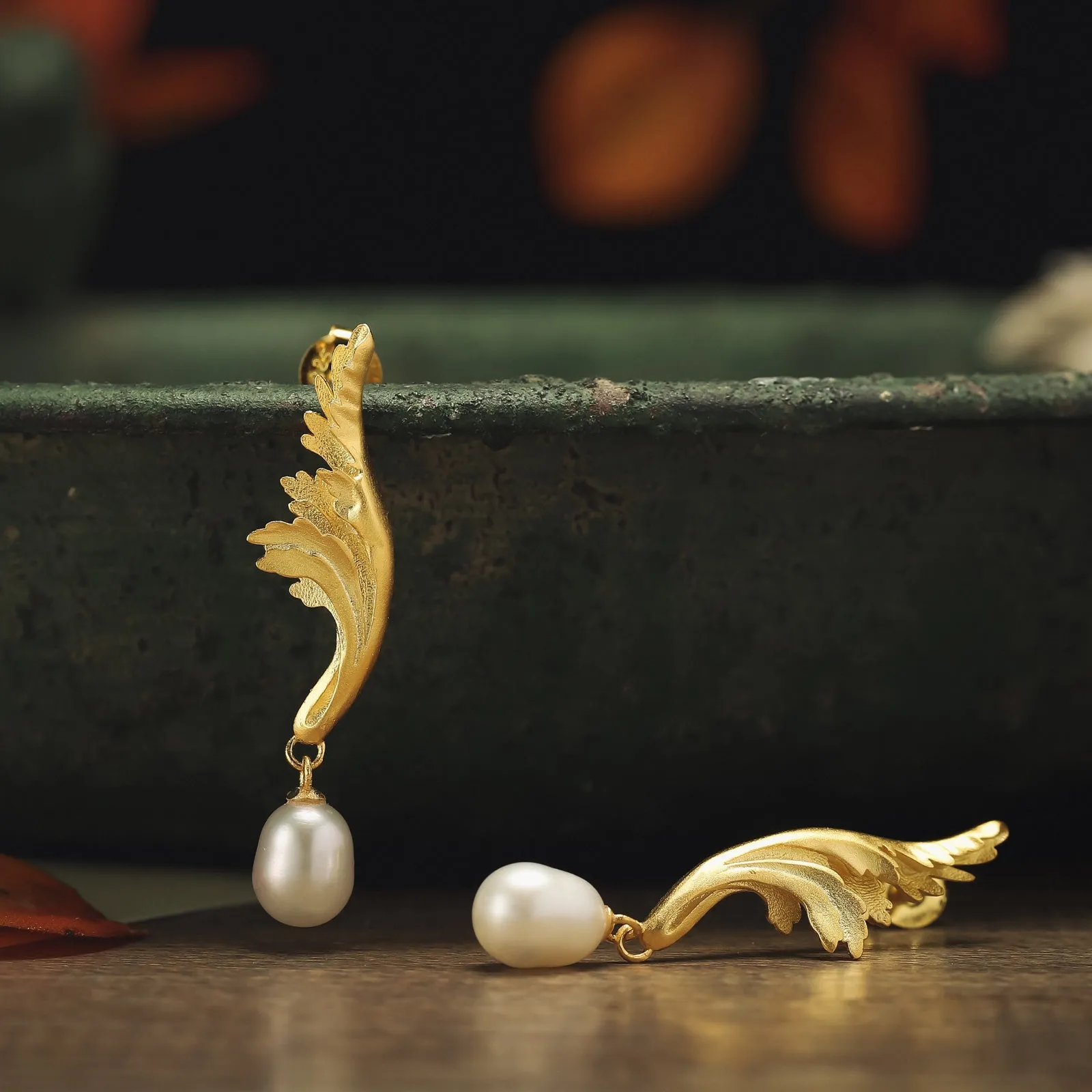 Carved Acanthus Leaf Pearl Earrings