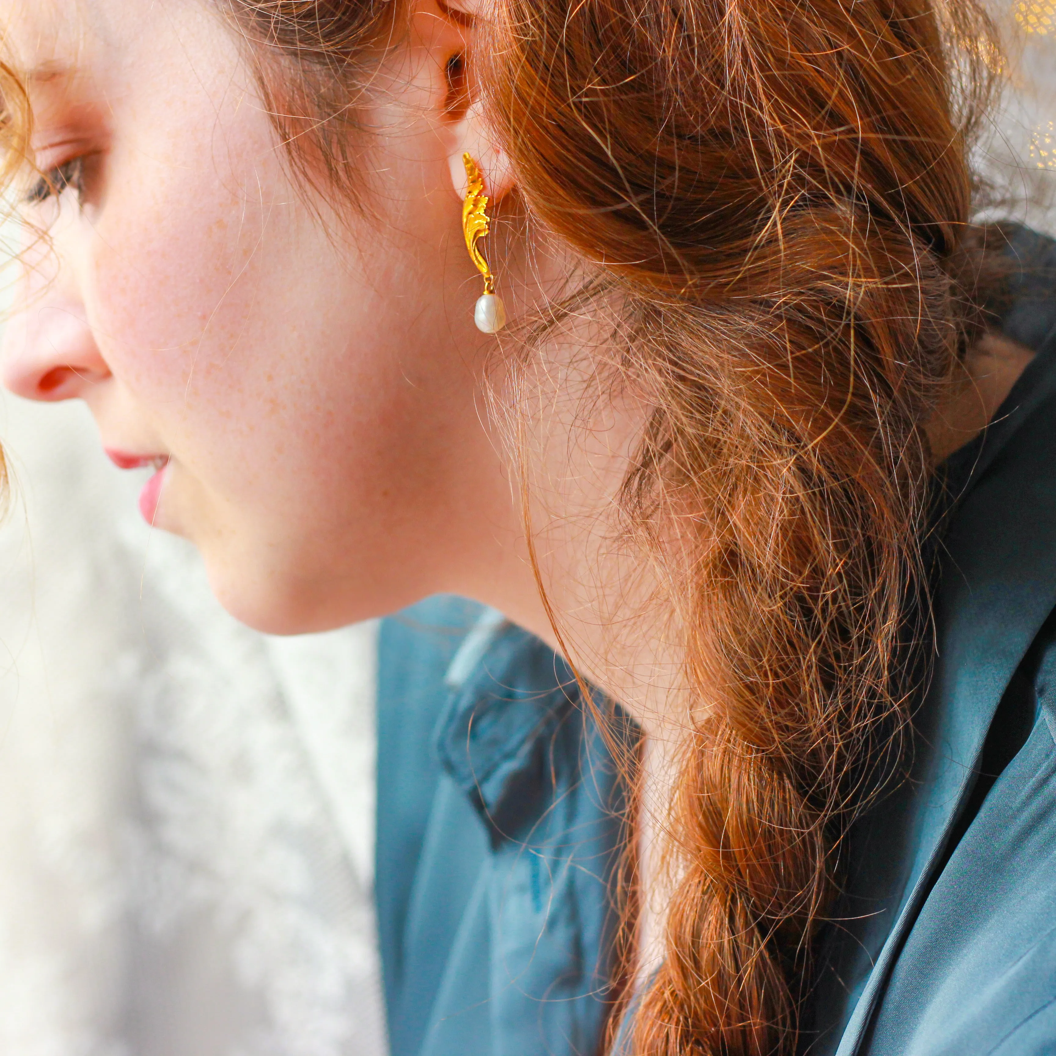 Carved Acanthus Leaf Pearl Earrings