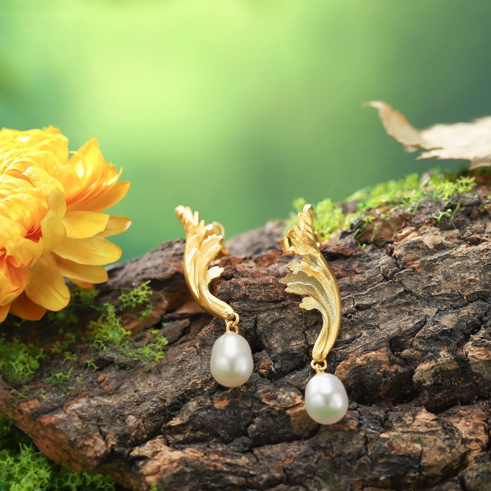 Carved Acanthus Leaf Pearl Earrings