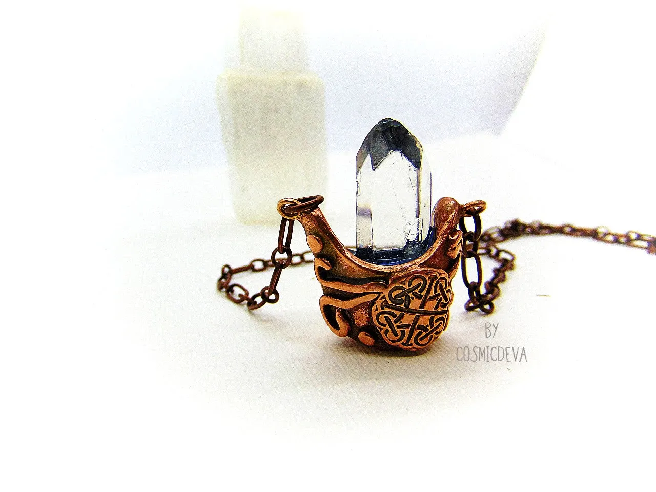 Cauldron Chrystal Quartz Point Pendant, Copper Necklace