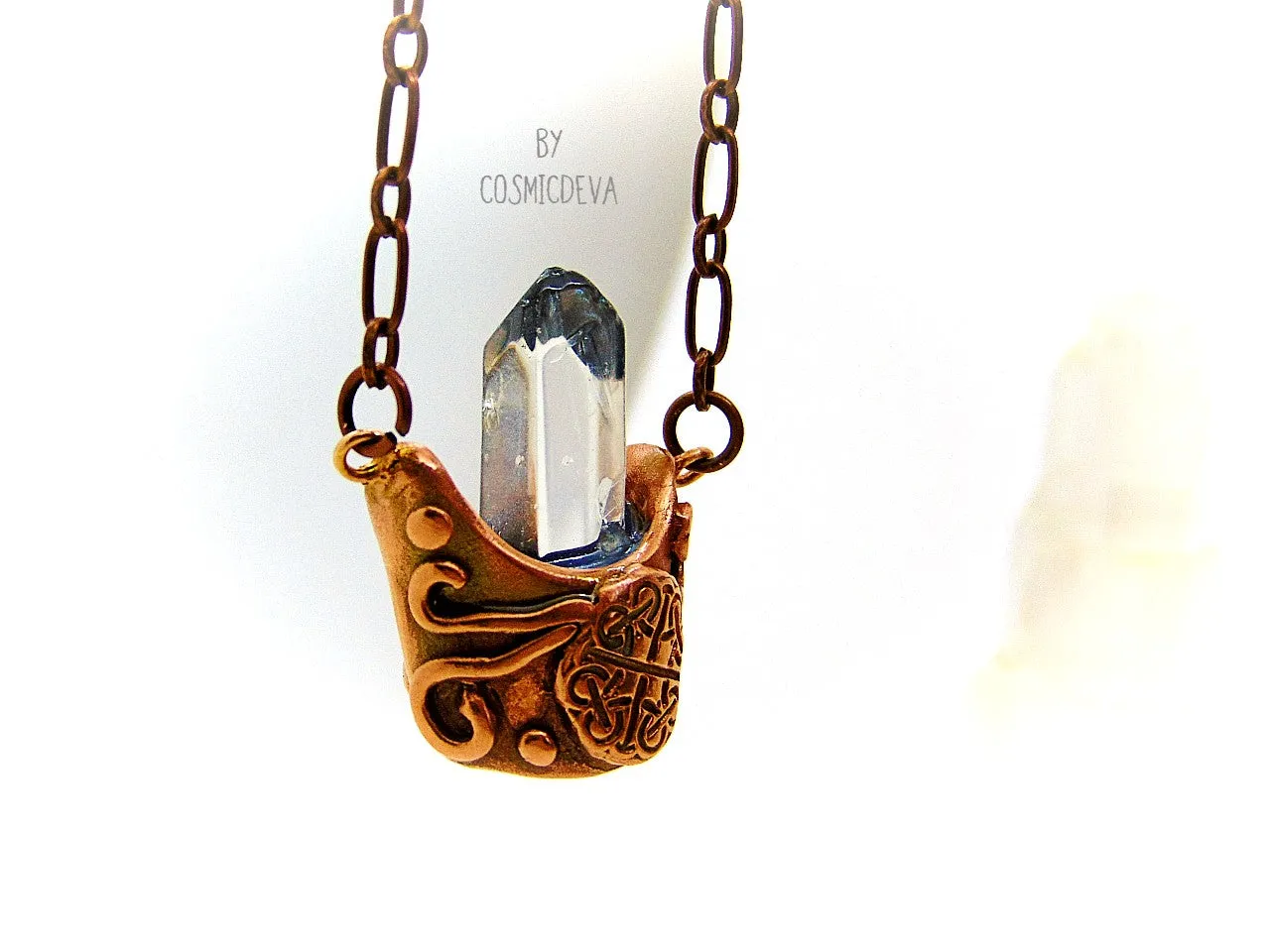 Cauldron Chrystal Quartz Point Pendant, Copper Necklace