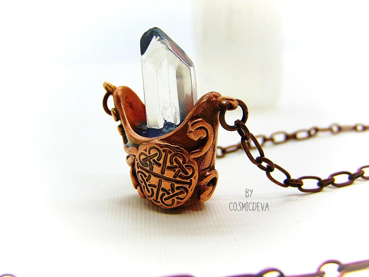 Cauldron Chrystal Quartz Point Pendant, Copper Necklace