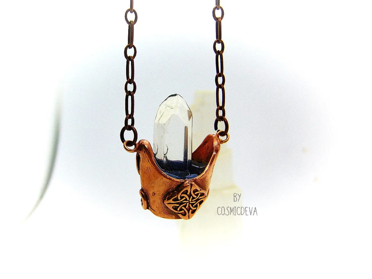 Cauldron Chrystal Quartz Point Pendant, Copper Necklace