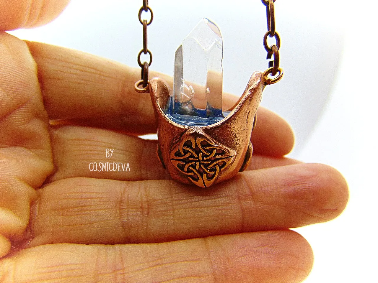 Cauldron Chrystal Quartz Point Pendant, Copper Necklace