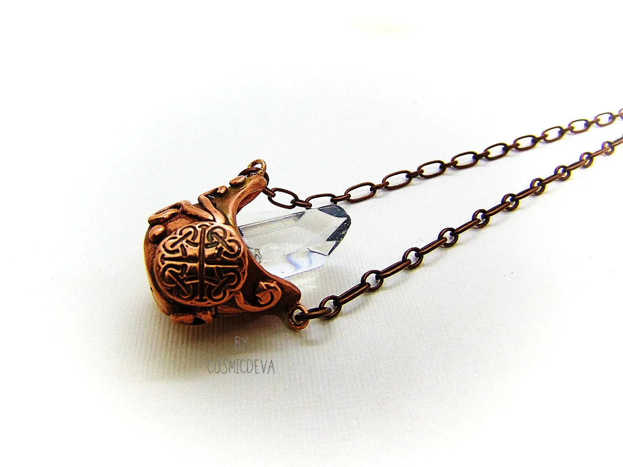 Cauldron Chrystal Quartz Point Pendant, Copper Necklace