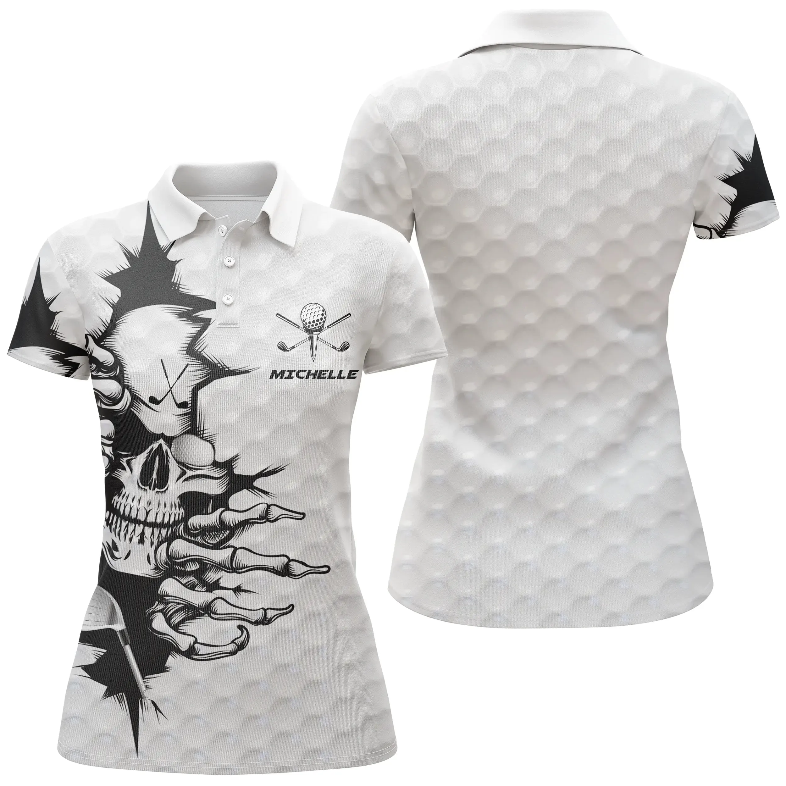 Chiptshirts - Polo De Golf, Blanc et Noir, Cadeau Personnalisé Pour Fans De Golf, Polo de Sport Homme et Femme, Tête De Mort Golf - CTS25052207