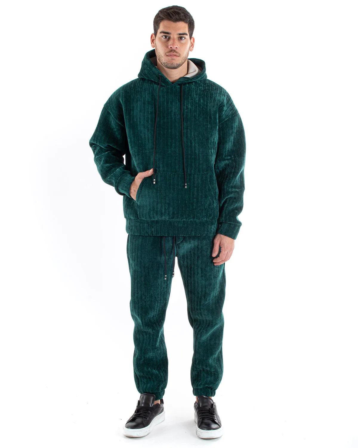 Completo Tuta Uomo Basic Verde Scuba Costine Felpa Con Cappuccio Pantaloni GIOSAL-OU2222A