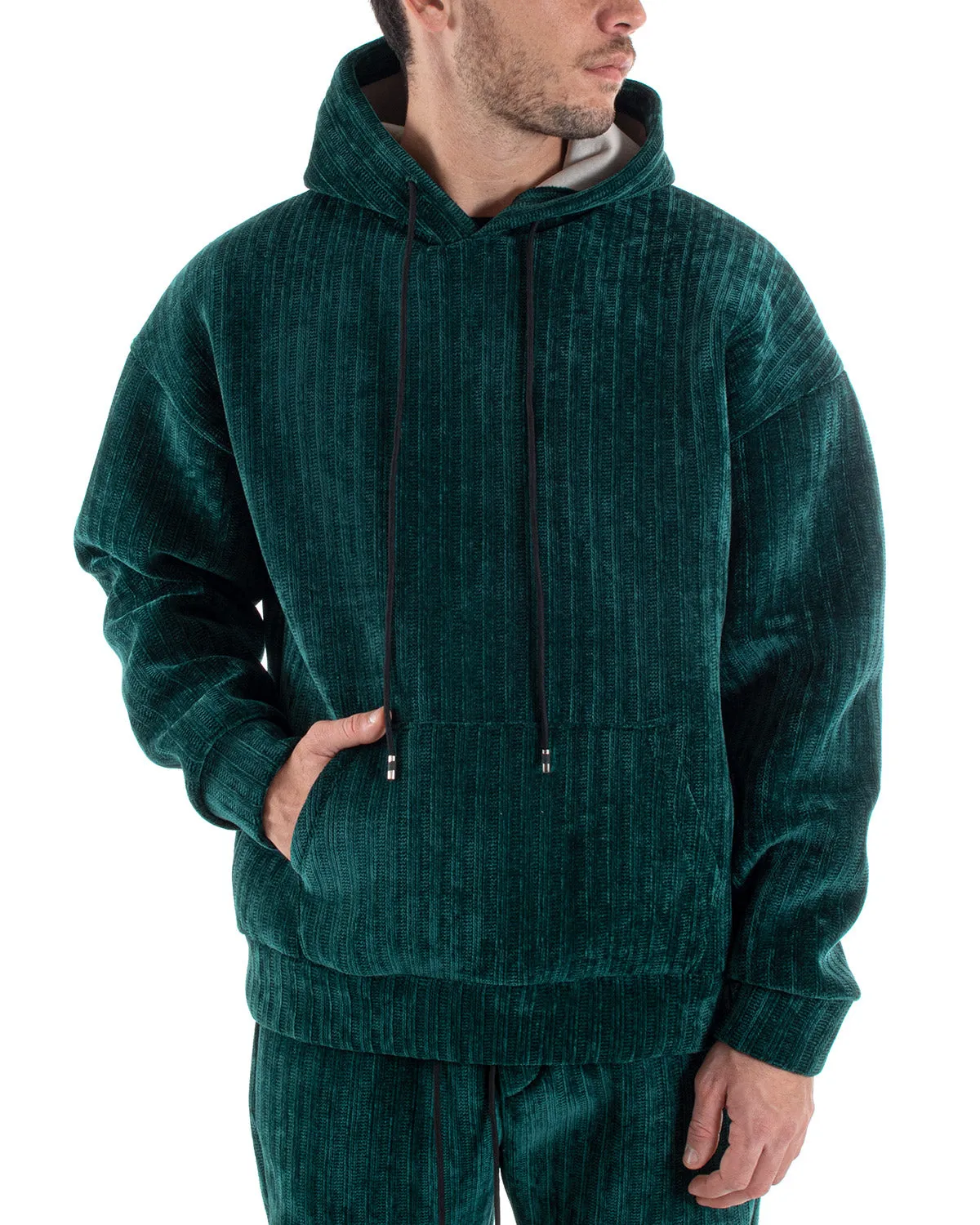 Completo Tuta Uomo Basic Verde Scuba Costine Felpa Con Cappuccio Pantaloni GIOSAL-OU2222A