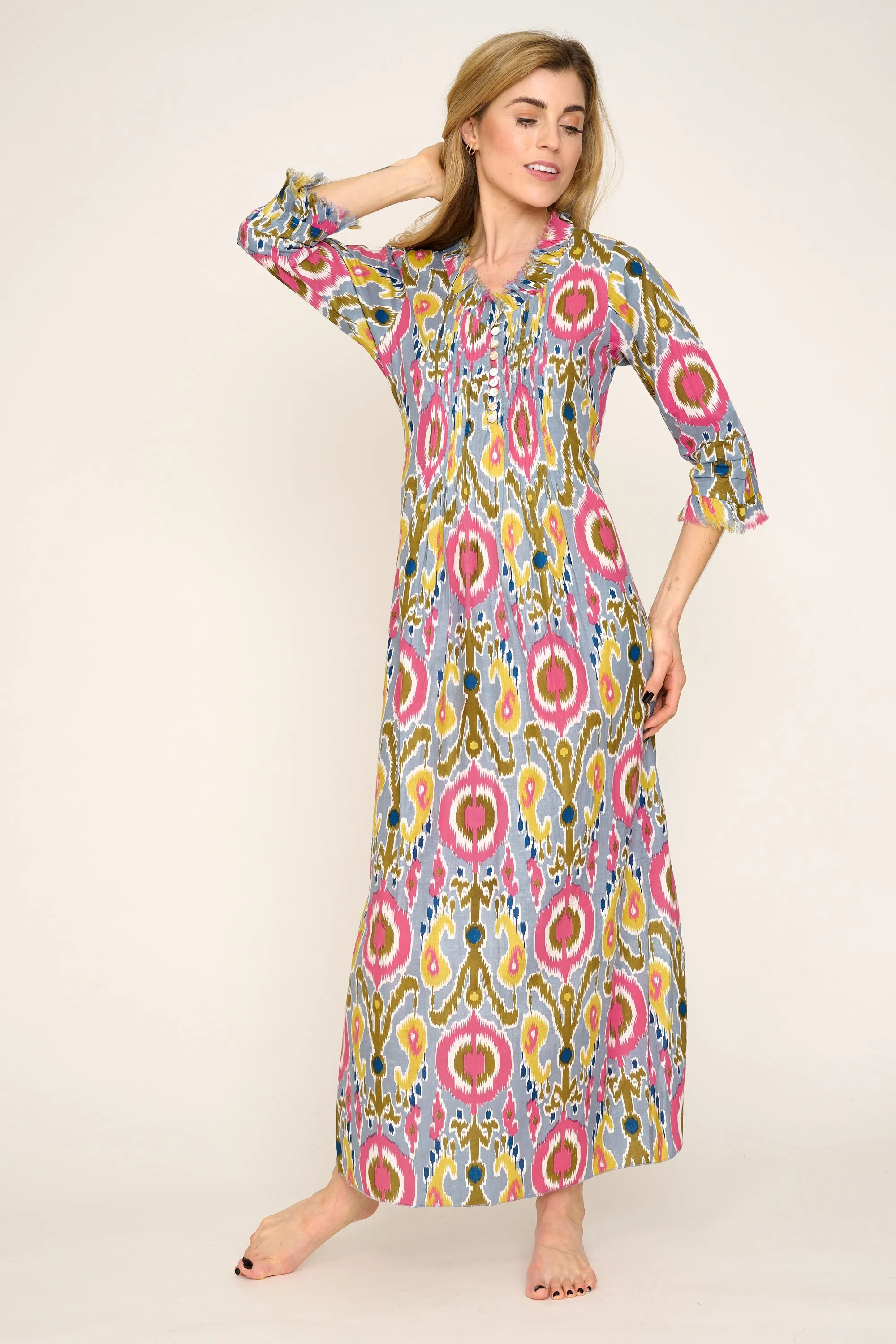 Cotton Annabel Maxi Dress in Grey Multi Ikat