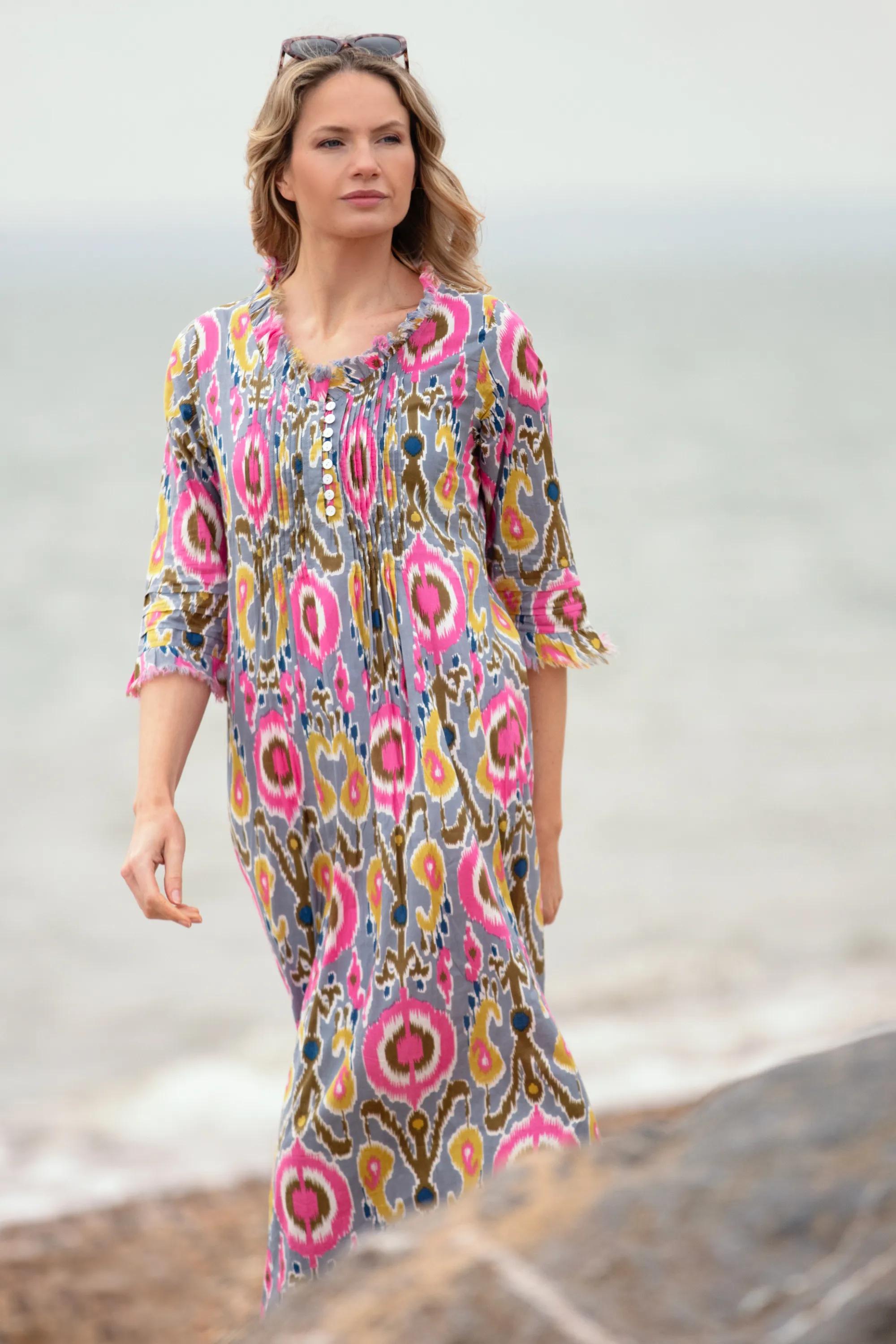 Cotton Annabel Maxi Dress in Grey Multi Ikat