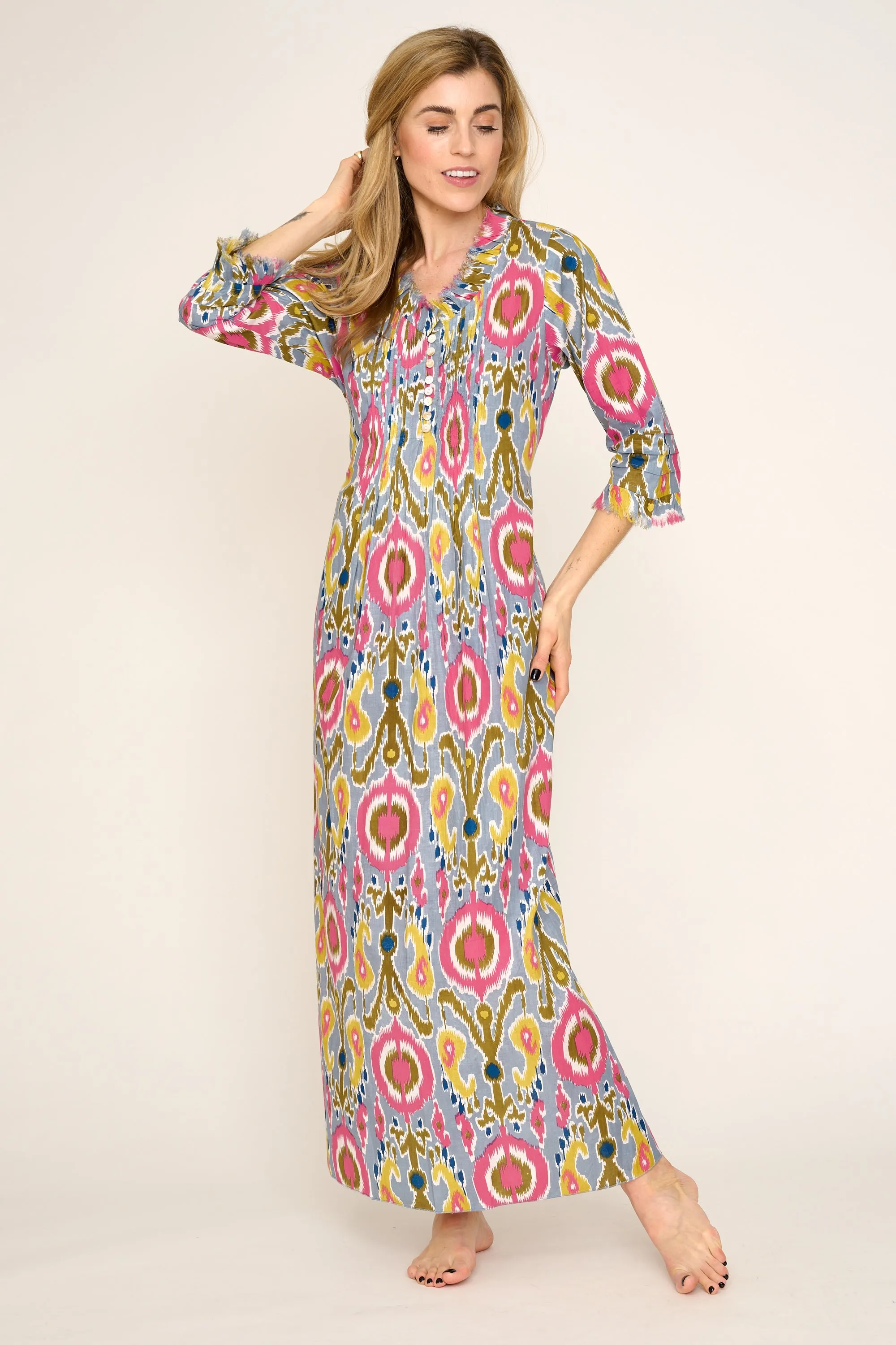 Cotton Annabel Maxi Dress in Grey Multi Ikat