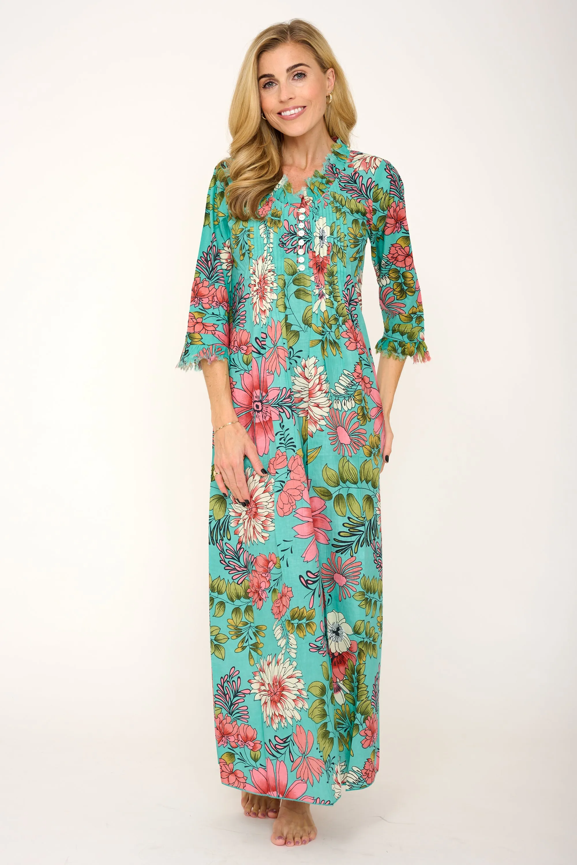 Cotton Annabel Maxi Dress in Turquoise Floral